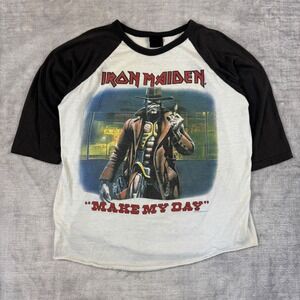 Iron Maiden Shirt Mens XL White Vintage 1987 Make My Day Stranger In Land Raglan
